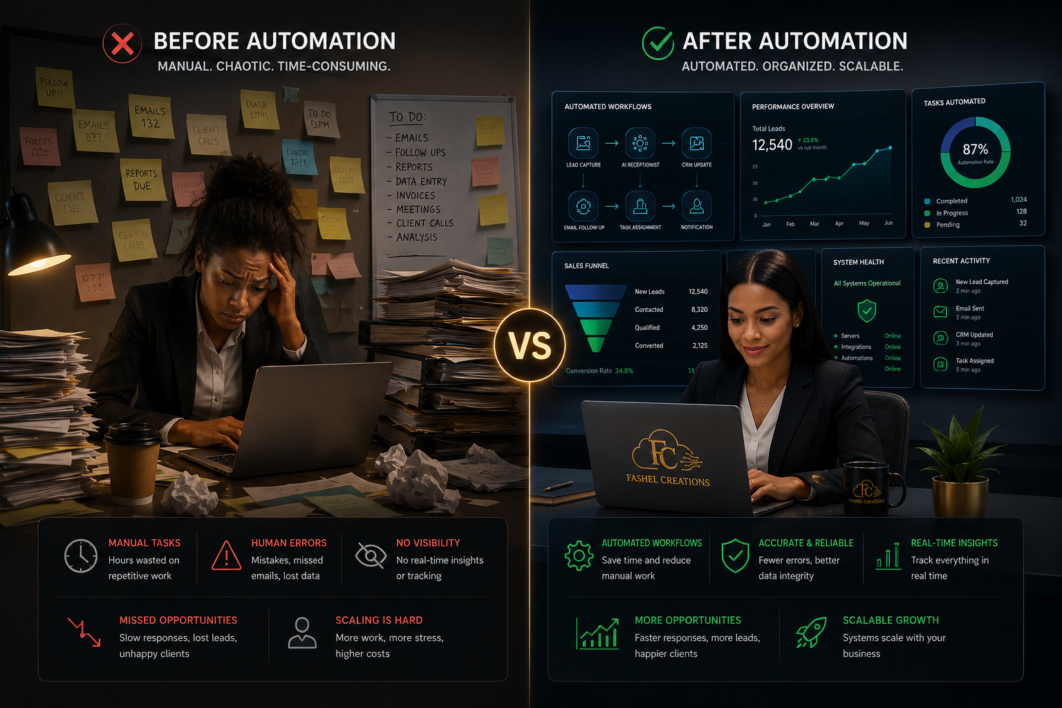 Before and after view of business automation replacing manual workflow steps