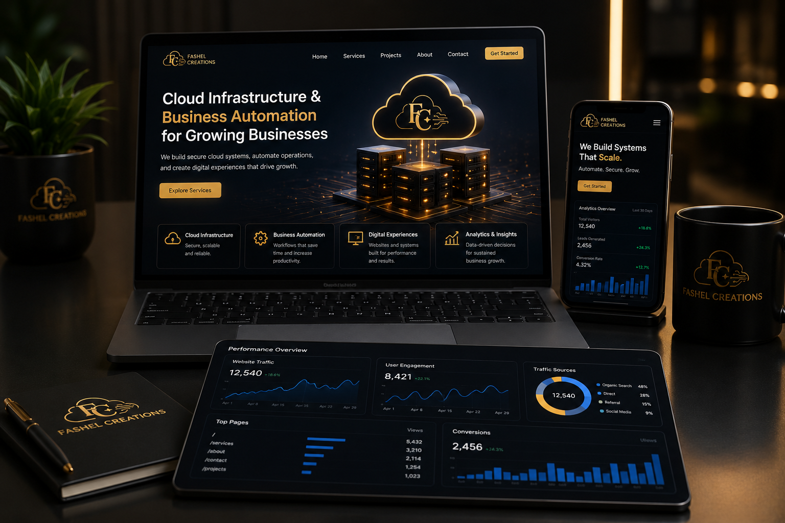 Website dashboard showing digital infrastructure and business performance metrics
